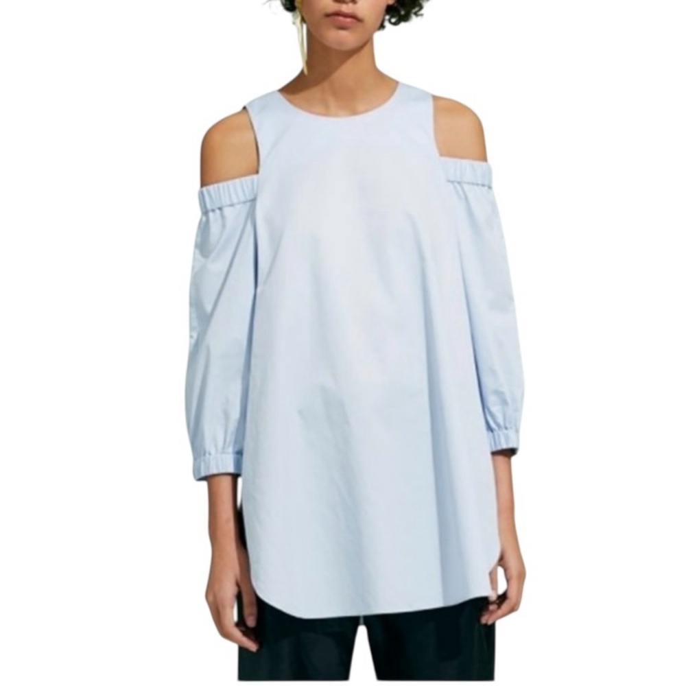 TIBI Cold Shoulder long top baby blue size 6 small flaw good condition